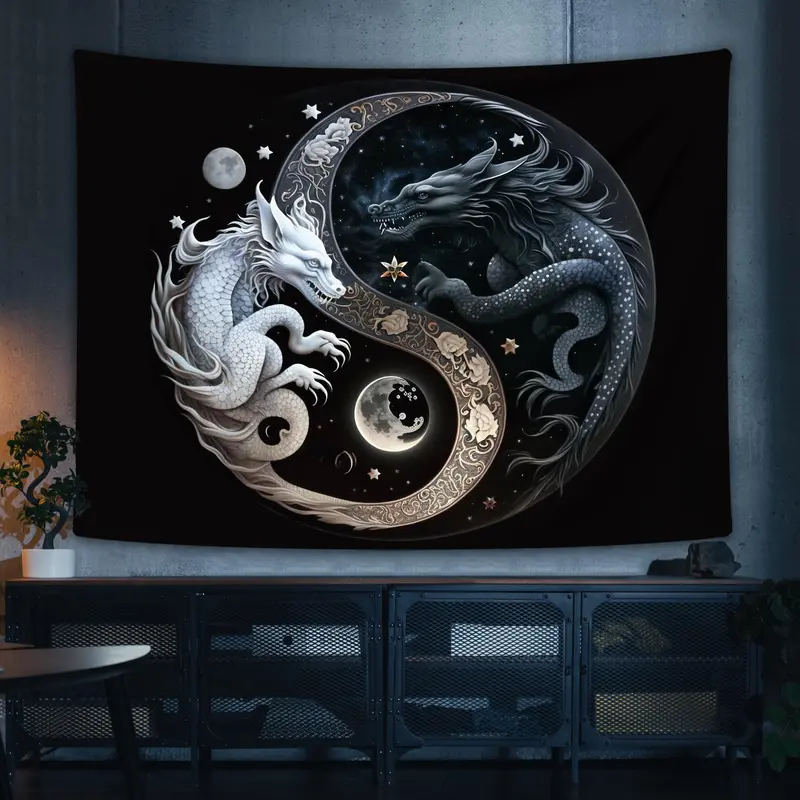 Yin and Yang Symbol Dragon Pattern Tapestry, Wall Hanging Decor for Home Living Room Bedroom 0