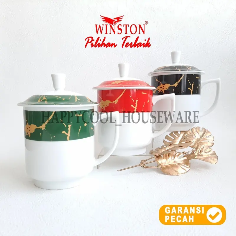 WINSTON 1pcs Mug Tutup 450cc Marmer Hitam Keramik Mug Gagang Gelas Minum Tutup 2