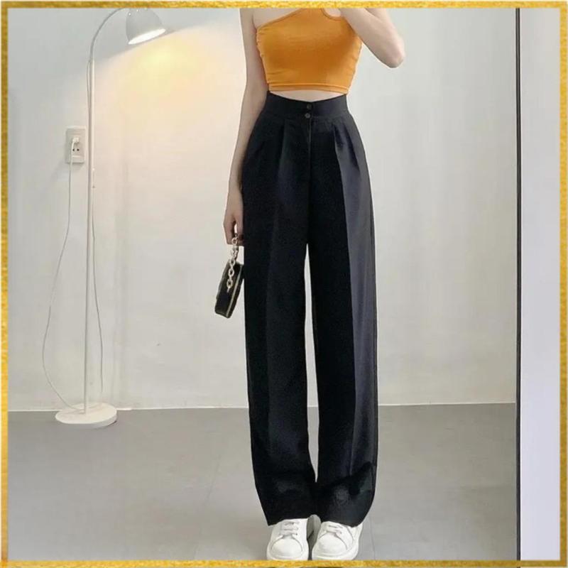 QUẦN ỐNG SUÔNG 5 MÀU LƯNG CAO 2 CÚC-VẢI TUYẾT MƯA-QUẦN ỐNG RỘNG NỮ DÁNG DÀI Women Ong Pants Đen 1