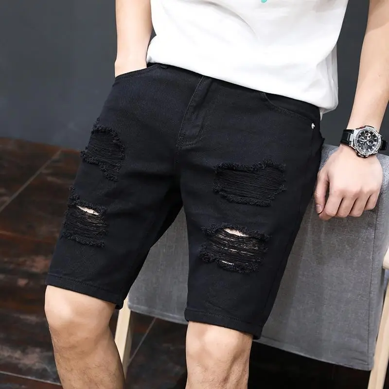Ready stock-black ripped denim shorts men s summer outerwear five-point pants for men's jeans shorts men