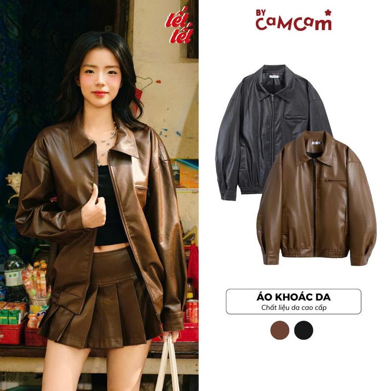 Áo KHOÁC DA TAY DÀI Cao Cấp Phong Cách Retro Cổ Điển Bycamcam Nữ Top Jacket