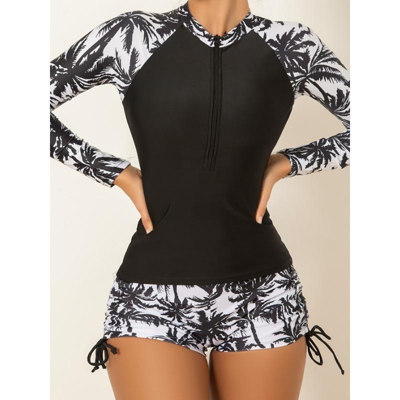 [Coconut Surfing Suit] 2pcs Women's Long Sleeve Coconut Tree Print Sunscreen Surfing Suit Swimsuit 0