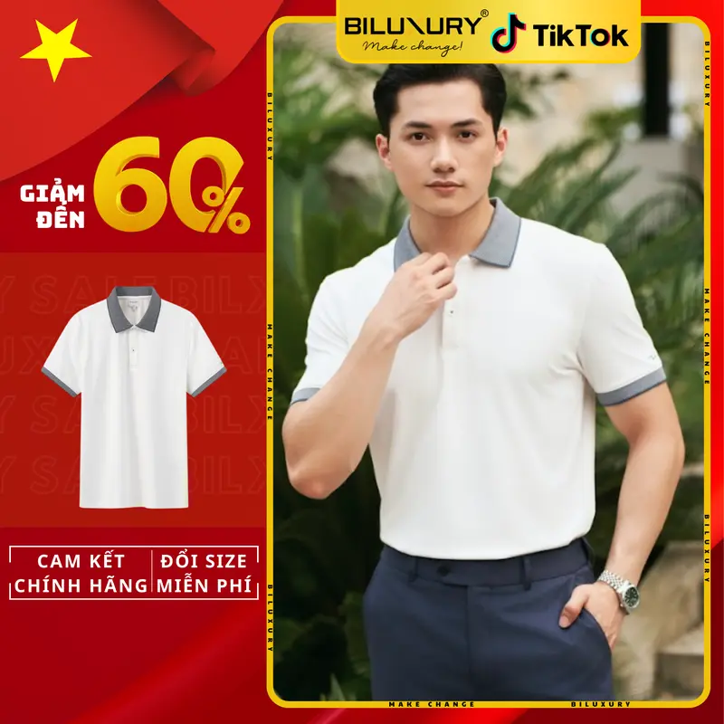 Áo Polo Nam Recycle Họa Tiết Phối Màu Tinh Tế 8APCT407TRK Ngắn Tay, Trẻ Trung, Nam Tính - BILUXURY Menswear Polo Shirt Có Cổ Tay Ngắn 0