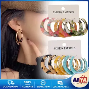 6 Pasang Anting Fashion Wanita Anting Hoop Akrilik Model Mix Warna-Warni Desain Marble Korean Simple Cute Ring Earrings Bulat