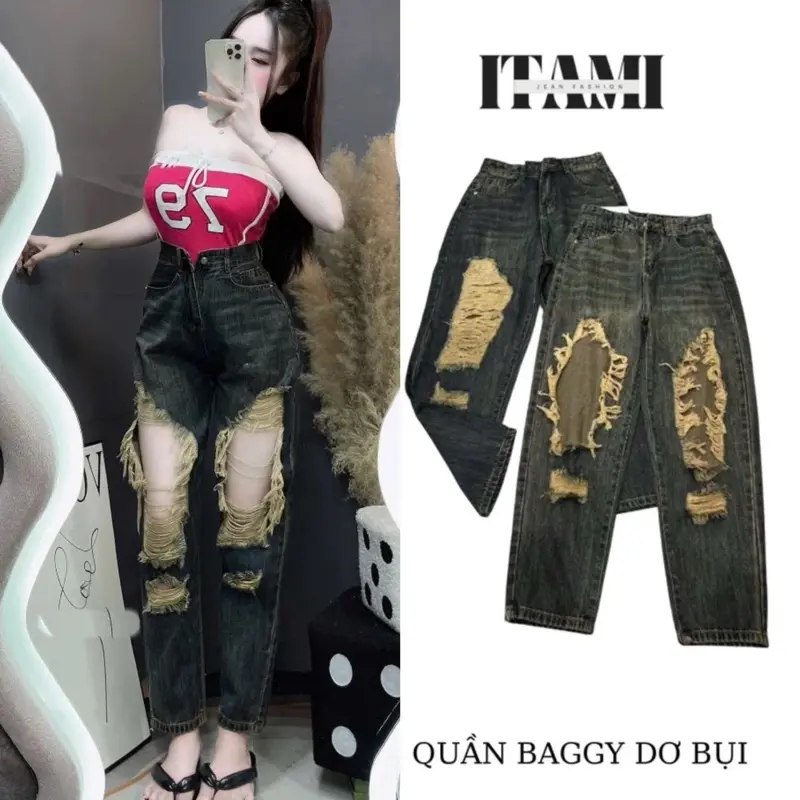 Quần Baggy hàng QC lưng siêu cao (rách) Không Co giãn màu bụi Chất Dày Mềm Dài 95Cm -mã 288
