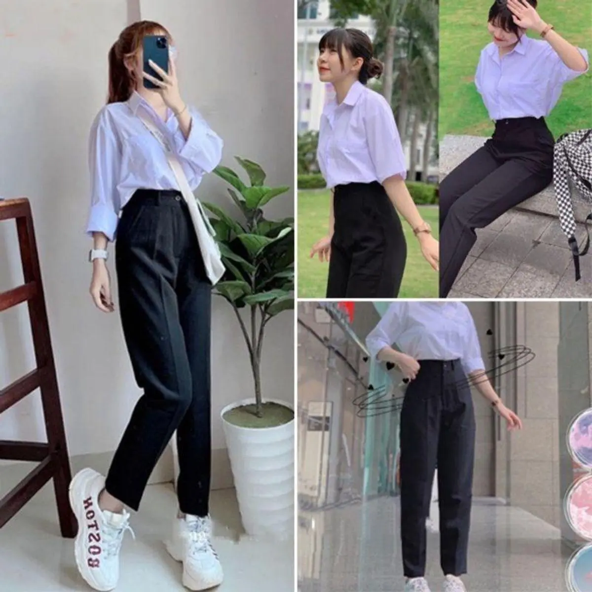 Quần tây baggy đi học nữ màu xanh đen cạp lưng cao có đai Quần vải học sinh dày đáy cao nữ cấp 3 2 phối sơ mi đi học Pants Ong Women