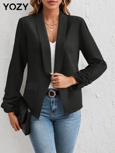YOZY Women's Solid Ruched Pocket Shawl Collar Blazer, Elegant Long Sleeve Outerwear for Work Office Business, Ladies Clothes for All Seasons