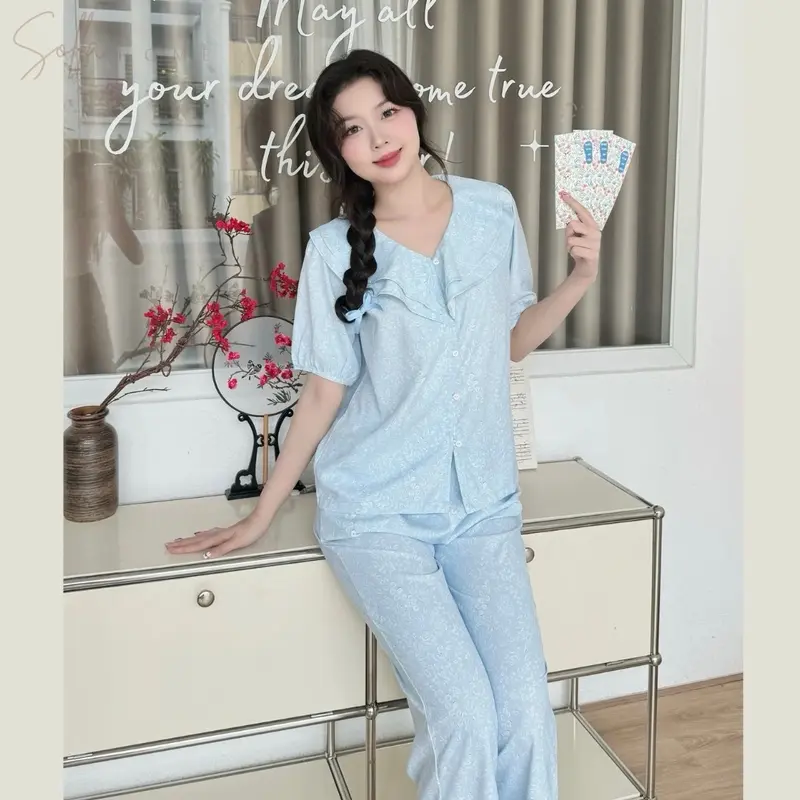 SOLLA HOME - Bộ Mặc Nhà Nữ Áo Cổ Bèo Cách Điệu Quần Tám Tấc Chất Lụa Hàn 3