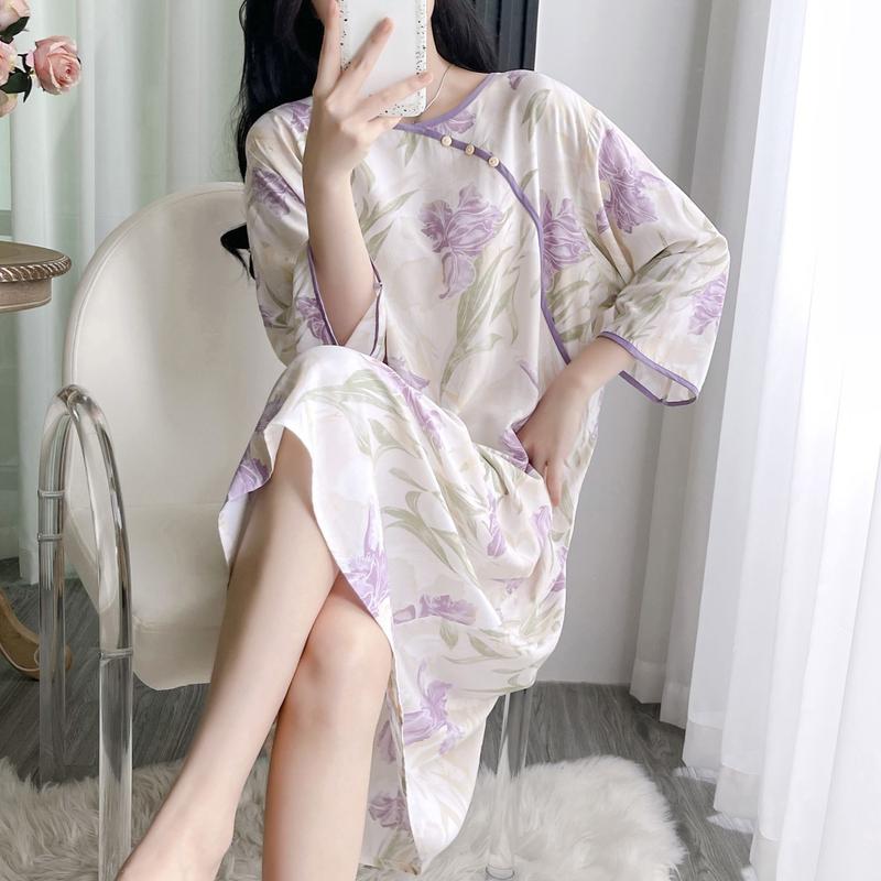 Váy Ngủ Nữ, Phong Cách Trung Quốc Mới, Chất Liệu Lụa Cotton, Tay Lửng, Mỏng Và Thường Ngày, Dáng Rộng Thích Hợp Mặc Hàng Ngày, Đồ Ngủ, Đồ Mặc Nhà, Mùa Xuân Và Mùa Hè Dress Đầm Ngủ Khuy 3