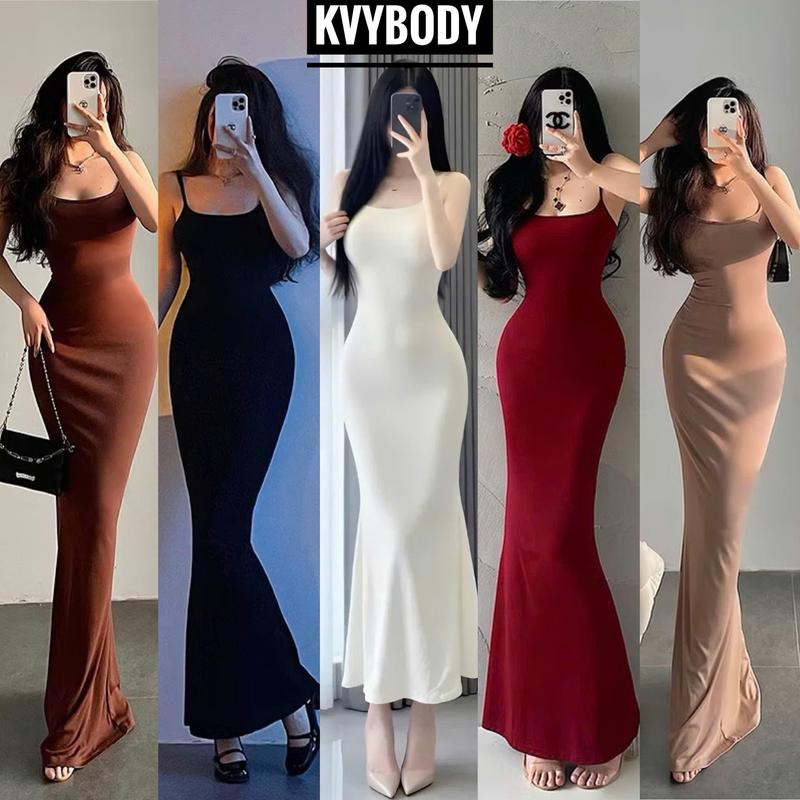 VẢI XỊN Đầm 2 dây phom dài đuôi cá KVY D8 chất cotton borip lụa dày mịn co giãn thích hợp mặc đi chơi đi tiệc đi du lịch