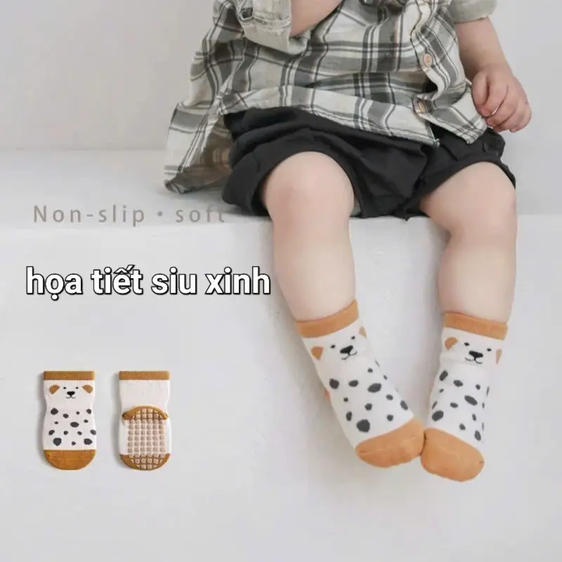 [Kèm Quà Tặng] Combo 10 đôi tất chống trượt cho bé 0-3 tuổi, Vớ tập đi hình thú Vải Cotton Len mềm mại ấm áp  BN03 Kem 1