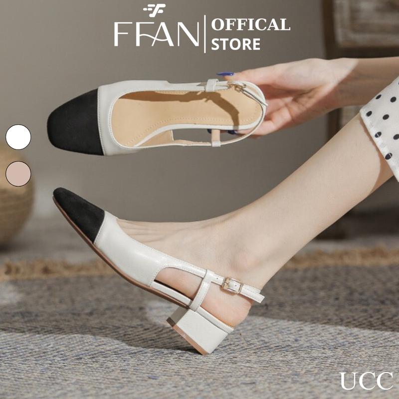  Giày nữ hở gót mũi vuông đế vuông  da thật  mềm mại FFAN STORE cao gót bít mũi UCC quai cài 3 phân màu đen be trắng 