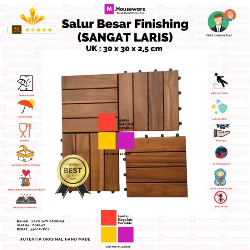 Lantai kayu jati Bongkar pasang Motif Salur Besar - Decking Tile Portable 4ply uk 30x30cm 8