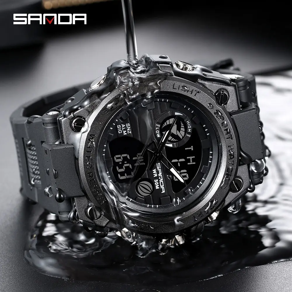 SANDA Top Luxury Brand Men Fashion Sport Watch Waterproof Chronograph Dual Display Man Watch silver  watch