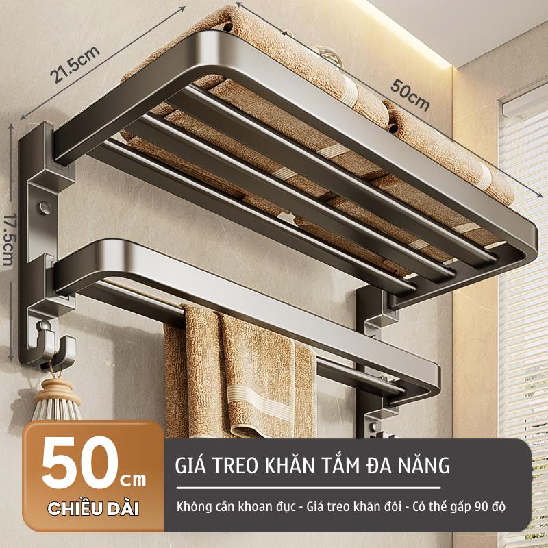 Giá treo khăn nhà tắm 50Cm Sanhe dán tường, kệ nhà tắm để khăn kèm thanh ngang treo quần áo nhôm chống han gỉ