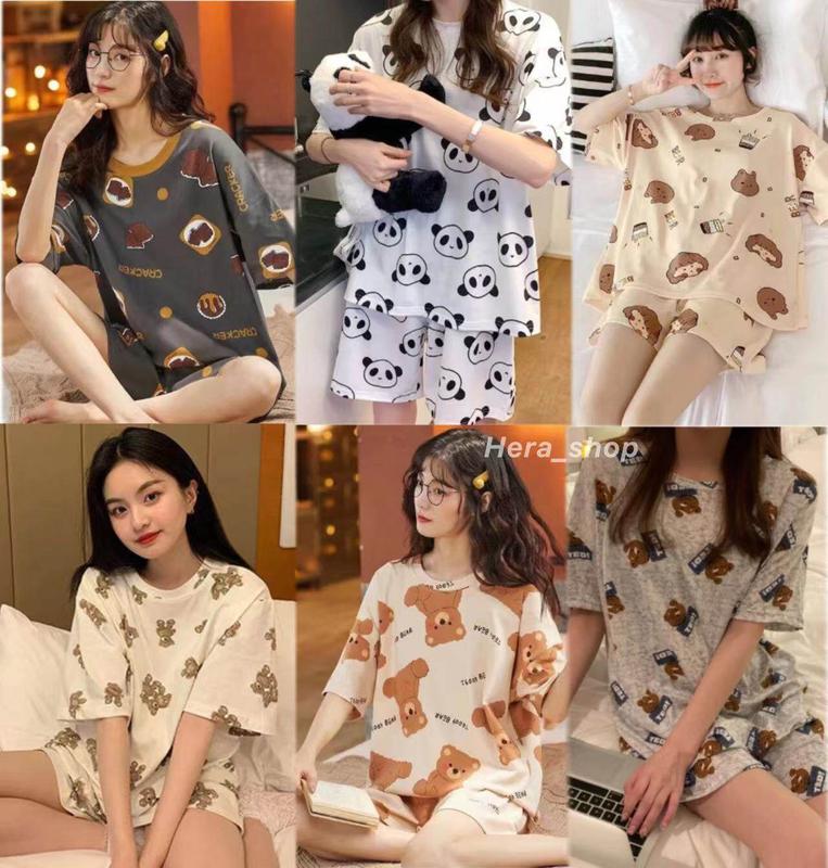 Product Introduction of Piyama Beruang Kartun, Comel, Leher Bulat, Lengan Pendek, Diperbuat daripada Kapas, Selesa, Saiz Percuma, Sedia untuk Dihantar Baju Kain 3