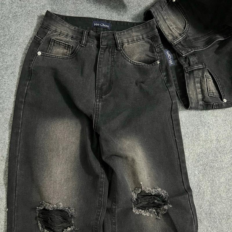 Kang (S-2Xl) Quần Jeans Suông Rách Màu Đen Wash 2 bênWomen Pants 5