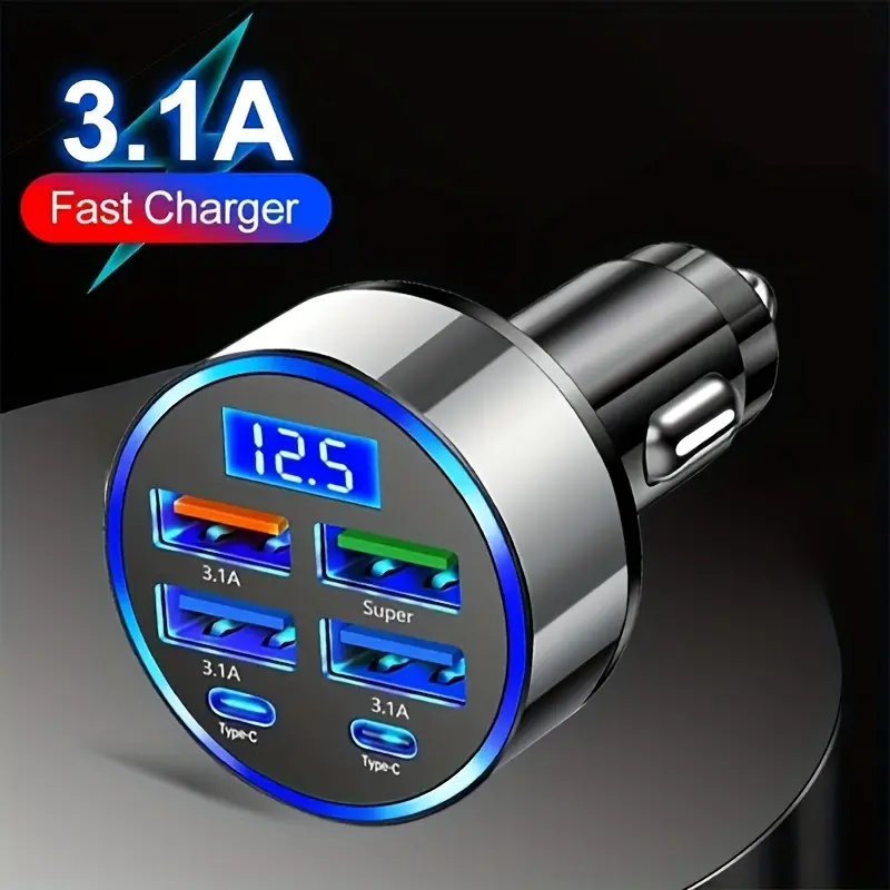 6-in-1 Fast Charger Car Adapter | QC3.0 Dual PD USB Ports, LED Display | Compatibility | 3.1A Fast Charging for Multiple Devices | Sleek Metallic Finish | Cigarette Lighter Plug | Supports 36V Vehicles 1