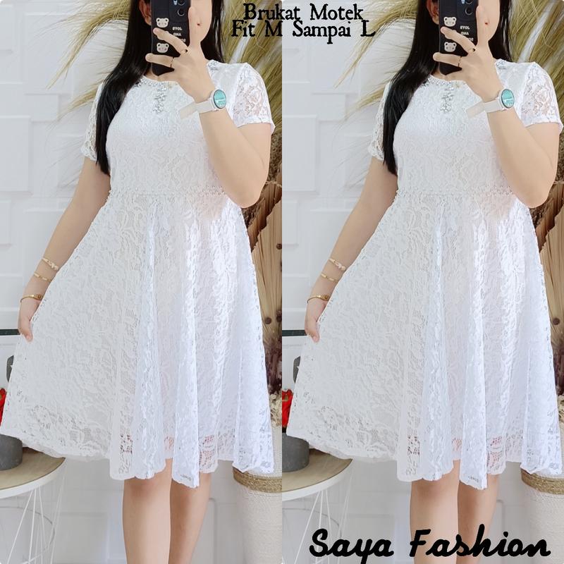Dress Brukat Permata Putih Midi Dress Pesta Mewah 1