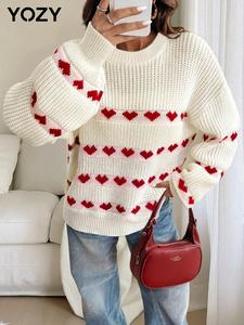 YOZY Women's Heart Print Drop Shoulder Sweater, Casual Long Sleeve Round Neck Jumper for Fall & Winter, Fashion Ladies' Knitwear for Daily Wear