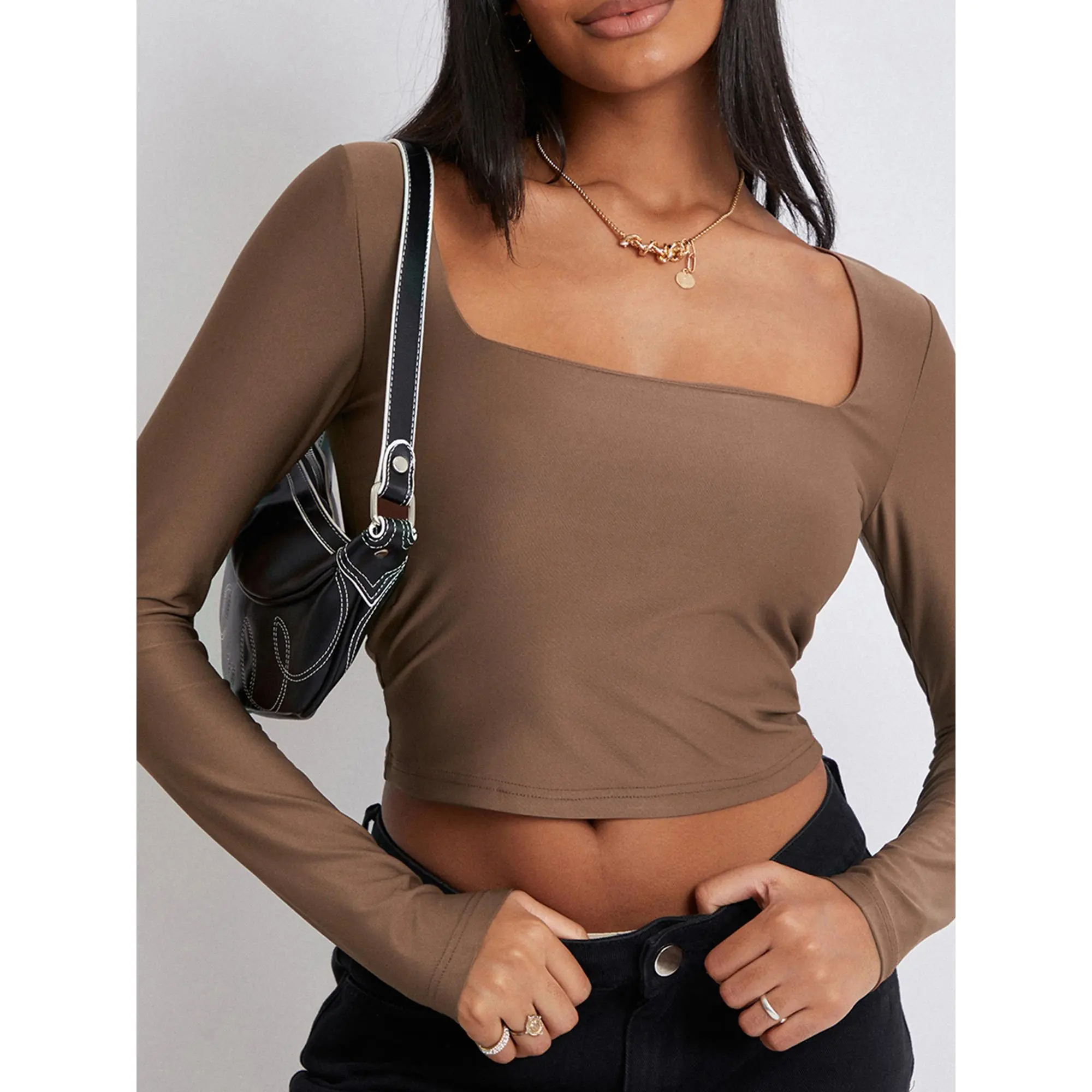 SUPER-Women´s Slim Fit Long Sleeve Square Neck Solid Color T-Shirt