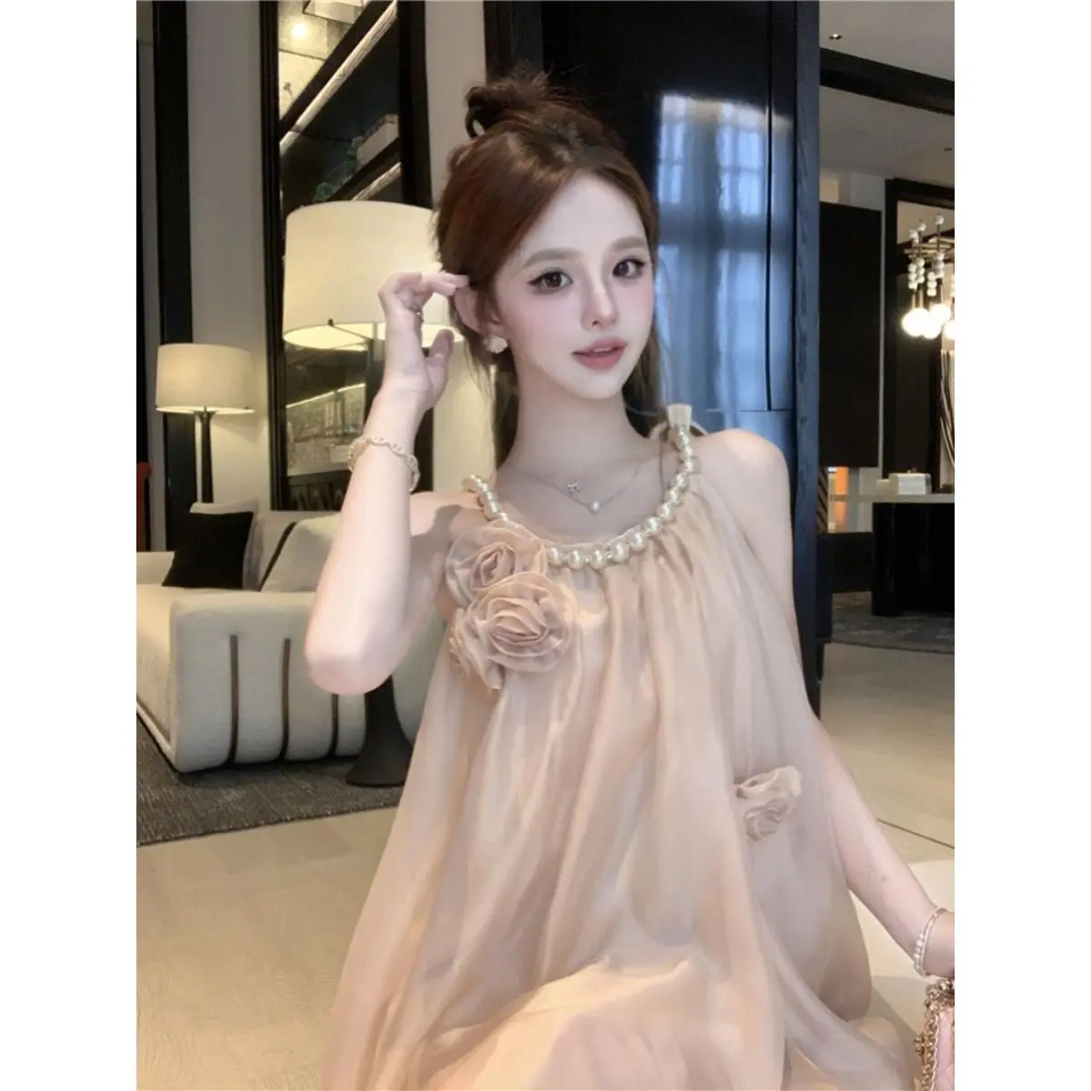 Váy Voan, Cổ Yếm Ngọc Trai Cô Gái Nóng Bỏng, Xếp Nhún Hoa, Váy xòe Lớn, Dành Cho Mùa Hè Của Phụ Nữ, Phong Cách Pháp, Dễ Thương Và Gợi Cảm, 2023