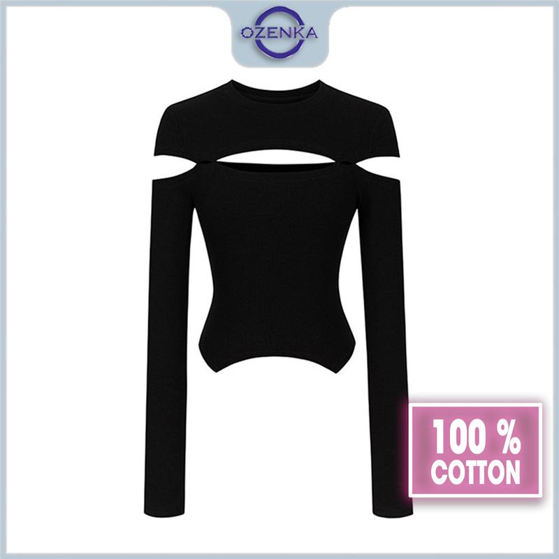 Áo croptop tay dài hở vai cổ tròn nữ ozenka áo crt kiểu ôm gợi cảm cotton đen trắng mặc đi chơi tối đi dự tiệc Shirt Sơ Mi Women