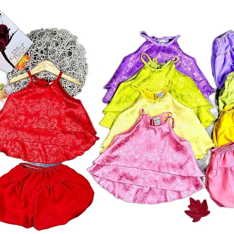 Set 3 bộ quần áo hai dây cổ yếm vải gấm hoa cho bé gái 7-15kg Giặt bằng nước lạnh Slim-fitting 0
