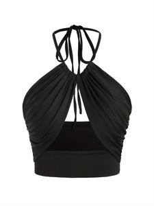 Top corto camisola con amarre atrás y fruncido para mujer, top casual de moda y sin espalda para el verano, ropa de damas para vacaciones en la playa
