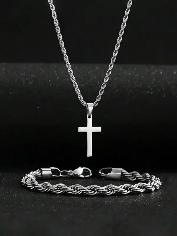 Cross Pendant Necklace & Twist Design Bracelet, Fashion Jewelry Set for Party, Daily Clothing Decor, Trendy All-match & Exquisite Jewelry for Birthday Gift 4