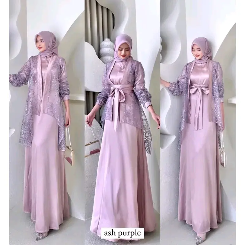 Fuji Dress satu Set Inner Outer Kimono Queenbee Fashion Gamis Muslim Wanita Pesta Kondangan Bridesmaid Wisuda Brokat Tile Bordir Motif Lengan Kancing