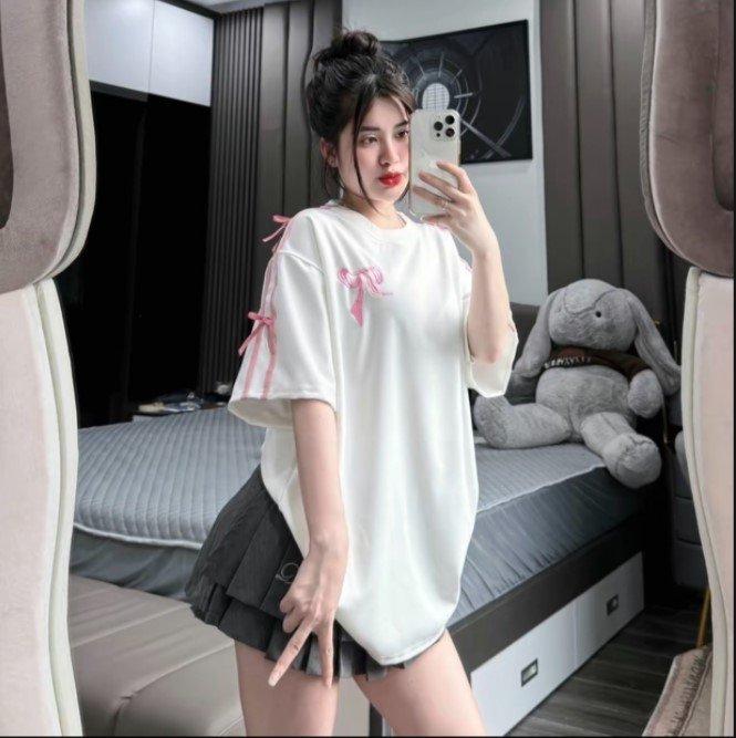 Áo thun nữ đính nơ tay dáng rộng tay lỡ siêu đẹp 2