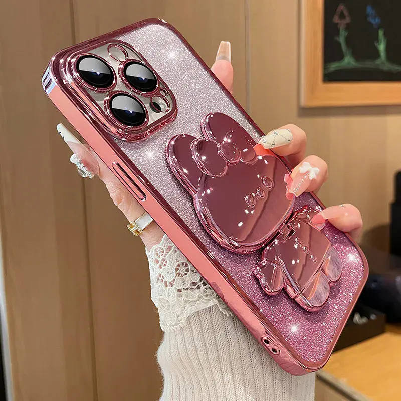 Glitter Gradient Plating Rabbit Mirror With Holder Case For iPhone 11 12 13 14 Plus 15 Pro Max Lens Protection Soft Clear CoverGoodluck3C store