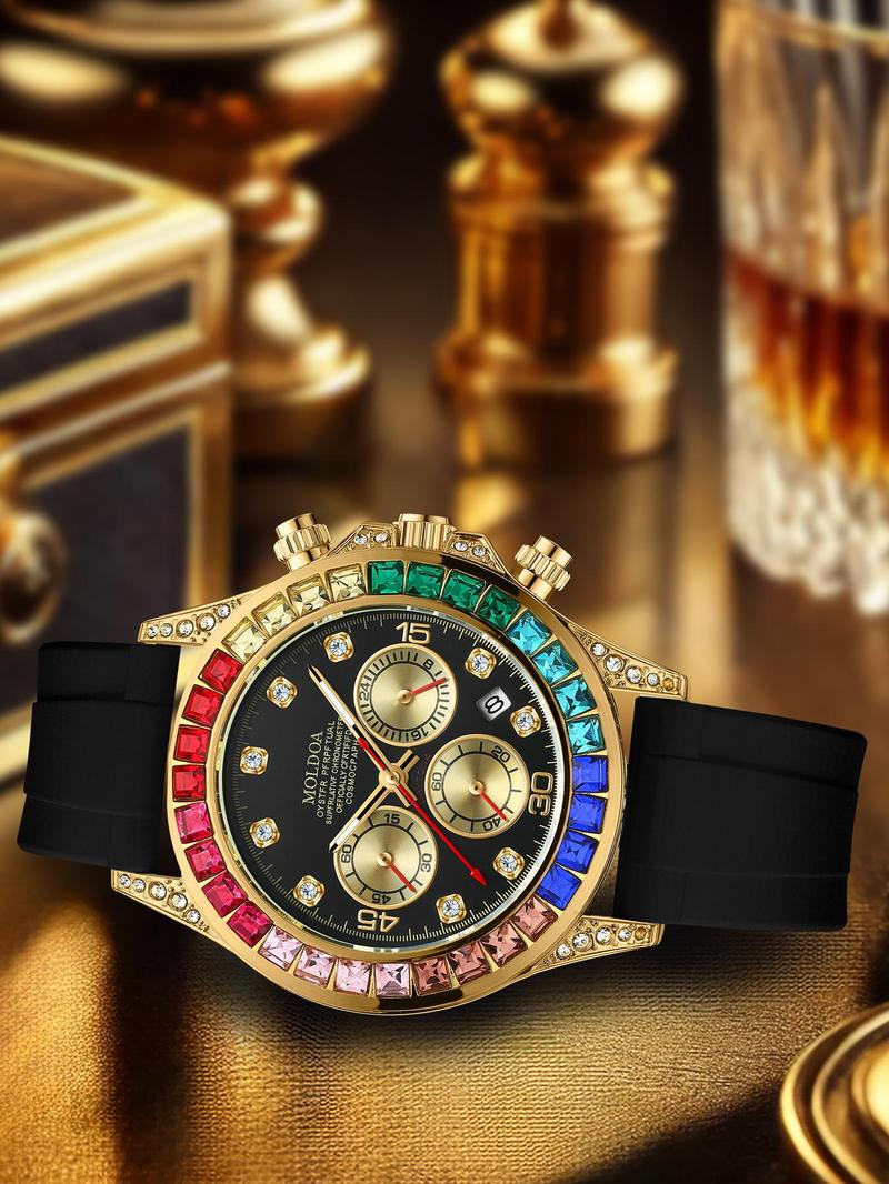Product Introduction of Men's Business Fashion Rhinestone Decorated Analog Quartz Watch, Fashion Watch for Party, Daily Clothing Decor, Trendy All-match & Exquisite Watch Jewel for Birthday Gift with Box 3