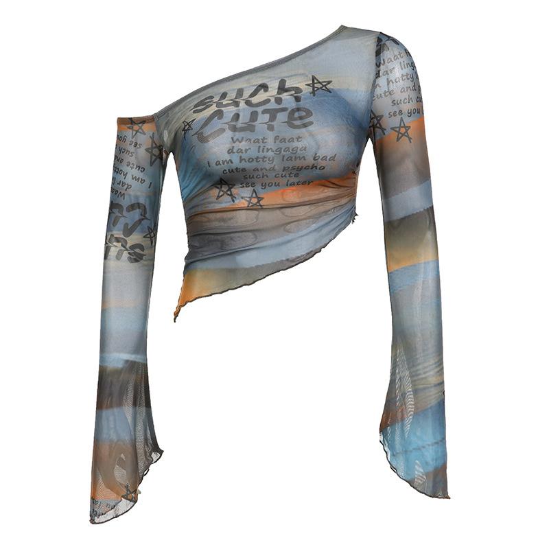 [HEYSOUL] Crop Top Asimetris Transparan One Shoulder Gaya Korea Y2K Atasan Cewek Kekinian Bahan Mesh Motif Tulisan Aesthetic Edgy Outfit OOTD Streetwear Korean Look Baju Wanita Muda Fashion Stylish Tampil Beda Buat Nongkrong atau Hangout Casual Basic Unik 4