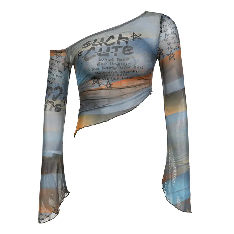 [HEYSOUL] Crop Top Asimetris Transparan One Shoulder Gaya Korea Y2K Atasan Cewek Kekinian Bahan Mesh Motif Tulisan Aesthetic Edgy Outfit OOTD Streetwear Korean Look Baju Wanita Muda Fashion Stylish Tampil Beda Buat Nongkrong atau Hangout Casual Basic Unik 3
