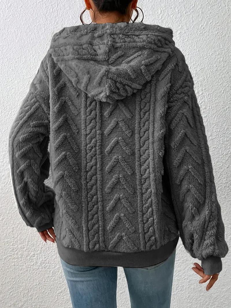 Product Introduction of Women's Plain Textured Drawstring Plush Hoodie, Fashion Casual Drop Shoulder Long Sleeve Hooded Sweatshirt for Daily Outdoor Wear, Yoga Hoodie, Women Clothing for Fall & Winter 8