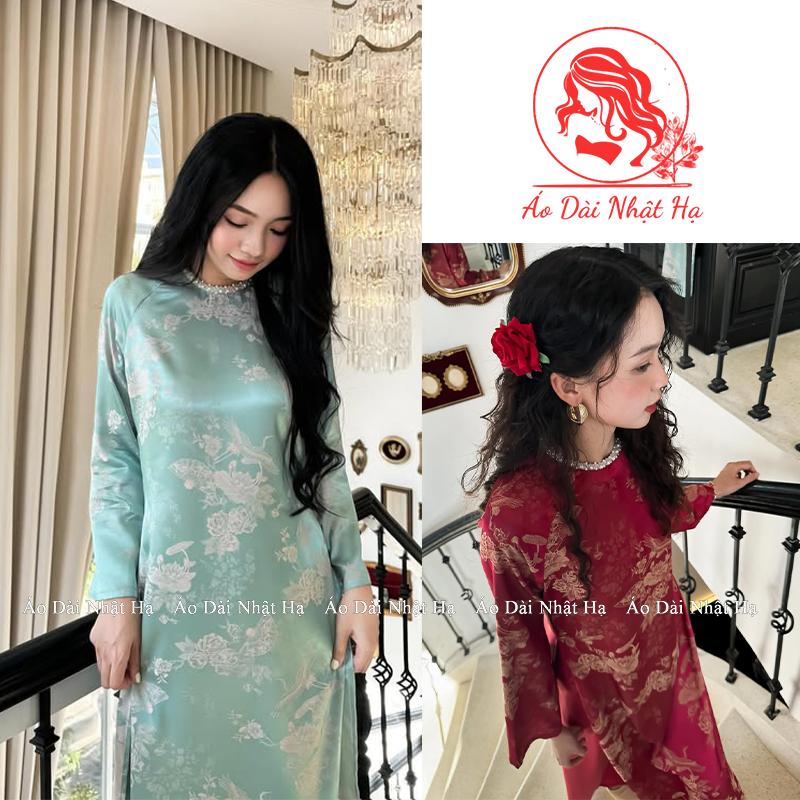 Áo dài cách tân gấm lụa cao cấp Minh Châu cổ đính vòng ngọc hottrend áo dài hai tà dáng suông - Áo dài Nhật Hạ