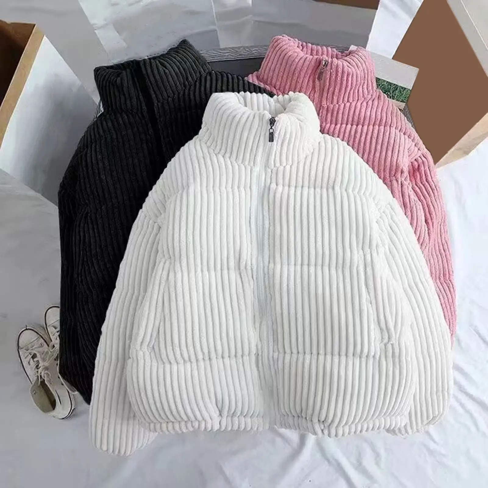 Mieeuo-Áo Khoác Mùa Thu Đông Cho Nữ, Cổ Đứng, Bảo Vệ Cổ, Họa Tiết Sọc, Dáng Rộng, Dày, Dài Tay, Màu Trơn, Giữ Nhiệt, Áo Khoác Nữ Ngoài Trời