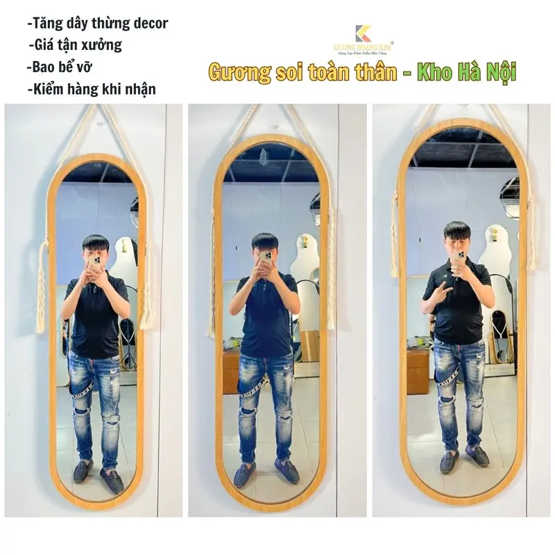 Gương khung gỗ, gương soi toàn thân treo tường, decor phòng cực đẹp, tặng dây thừng và đinh treo không cần khoan tường.GKR02 0