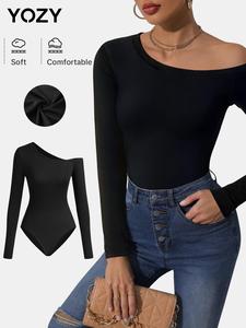 YOZY Women's Plain Asymmetrical Neck Ribbed Bodysuit, Casual Button Closure Crotch Long Sleeve Bodysuit for Summer, Ladies Clothes for Daily Wear