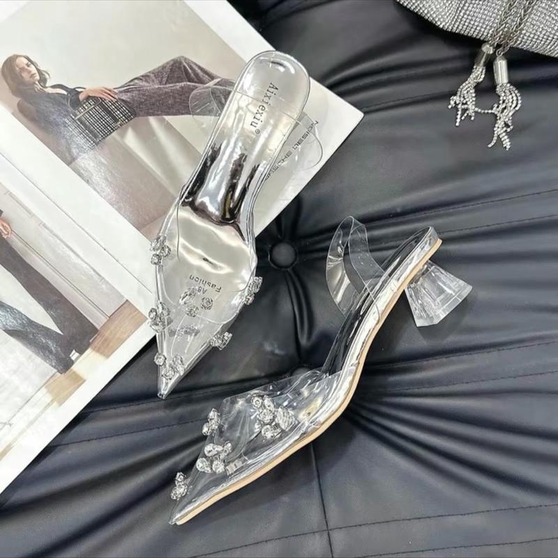 Giày cao gót mũi nhọn hột đá gót mica cao 5 Phân Nữ Shoes Sandal