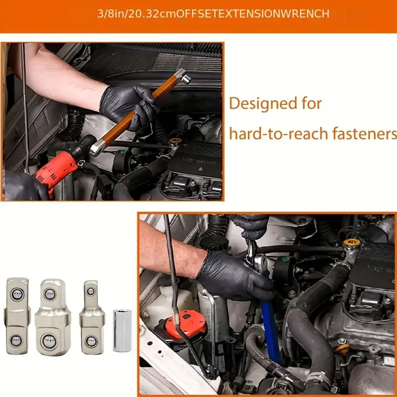 3/8" Offset Extension Wrench Set, Including 1/2" & 1/4" & 3/8" Square Drive Adapters, 15" Impact Ready Socket Wrench Tool, Gift 7
