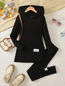 Two-Piece Set Girl's Plain Patched Drop Shoulder Split Hem Hooded Tee & Skinny Pants, Casual Fashion Cozy Outfits for Daily Outdoor Wear, Girls Set for Fall & Winter