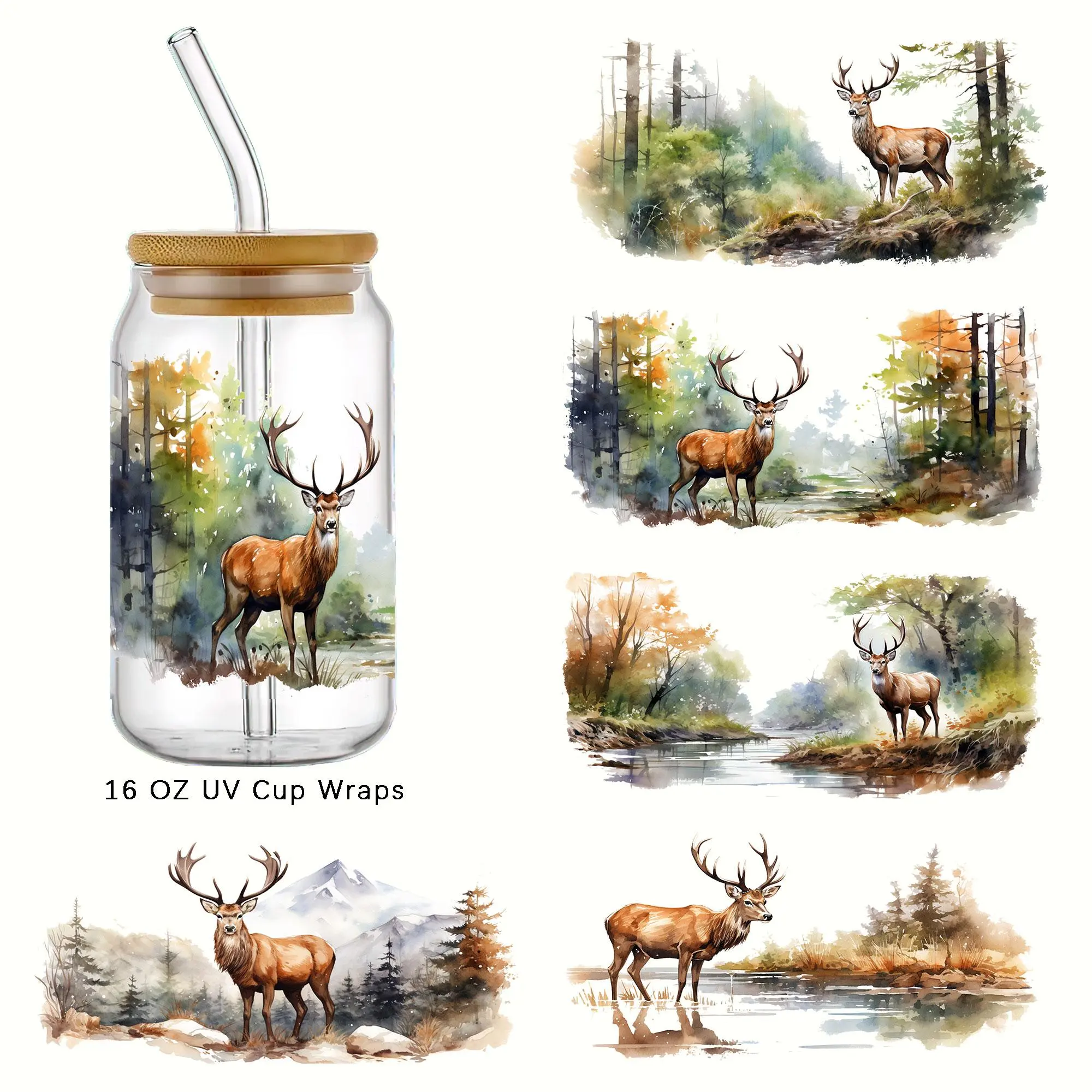 Uv Dtf Transfer Elk in Forest Design Sticker, 5 Counts Deer Pattern Sticker, Self Adhesive Waterproof Sticker, DIY Warp Sticker for 16oz Glass Cups