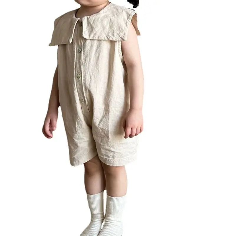Áo Jumpsuit Quần Mùa Hè, Phong Cách Hàn Quốc, Cho Trẻ Em, Hàng Mới Về, Dành Cho Nam Và Nữ, Cổ Bẻ Áo Không Tay, Dáng Rộng Vừa Vặn, Quần Đùi Một Mảnh Thường Ngày
