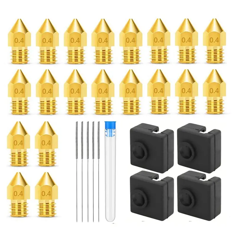 Ống phun máy in 3D, Đầu phun MK8 Ender 3 0,4MM, 20 chiếc với 4 chiếc nắp silicon khối sưởi, Thích hợp cho Ender 3 V2 với 5 kim 0