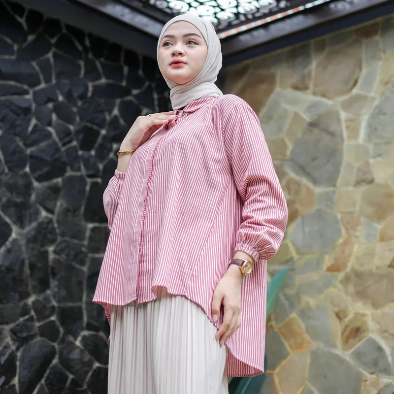 ELF STORE - KARA Kemeja Atasan Salur Stripe Katun LD Jumbo Wanita Muslim Panjang Kekinian Baju Oversize 4