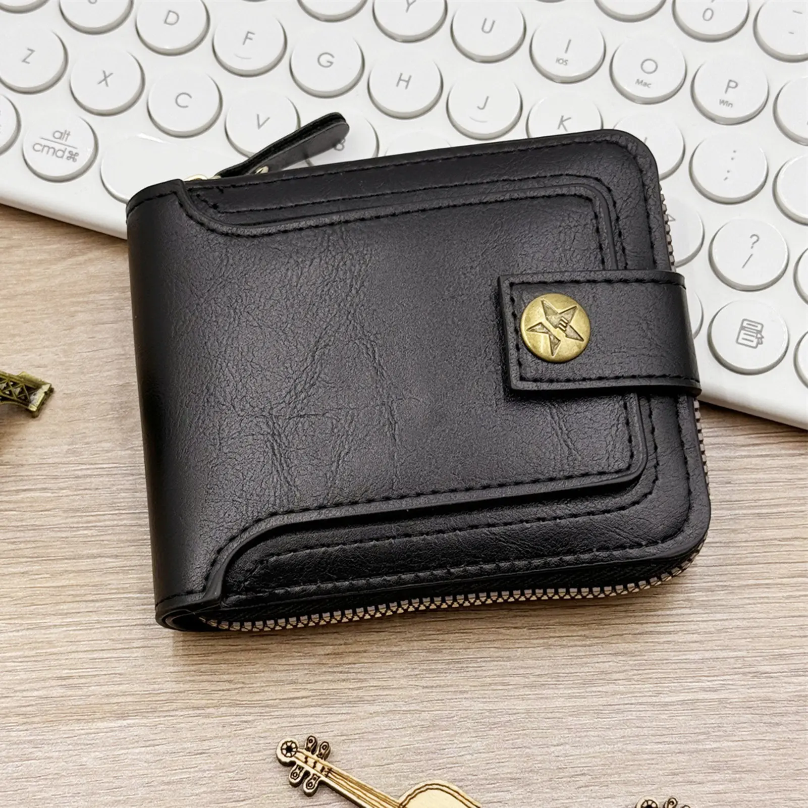 Elegant Men's PU Leather Wallet with Button Decor,Vintage Credit Card Holder Zipper Closure Wallet Photo Holder Case,Ideal Gift for Dad and Boyfriend