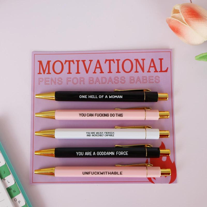 Product Introduction of Motivational Letter Pattern Ballpoint Pen Set, 5 Counts/set Creative Funny Slogan Ballpoint Pen, Writing Pen for Office School Student 3